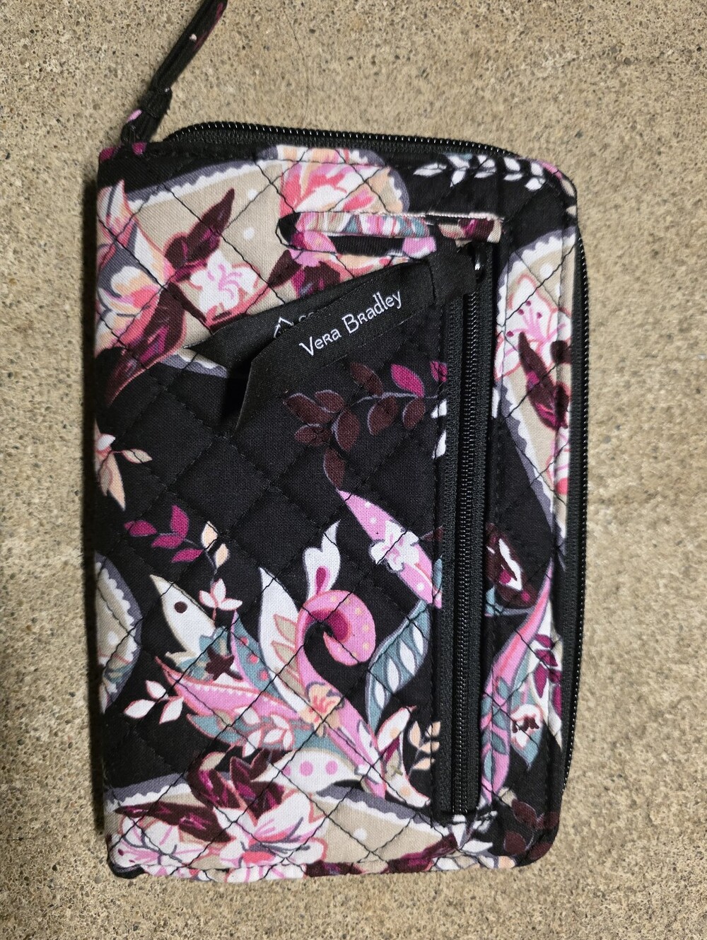 Vera Bradley Black Floral Quilted Phone Wristlet with Pink Accents